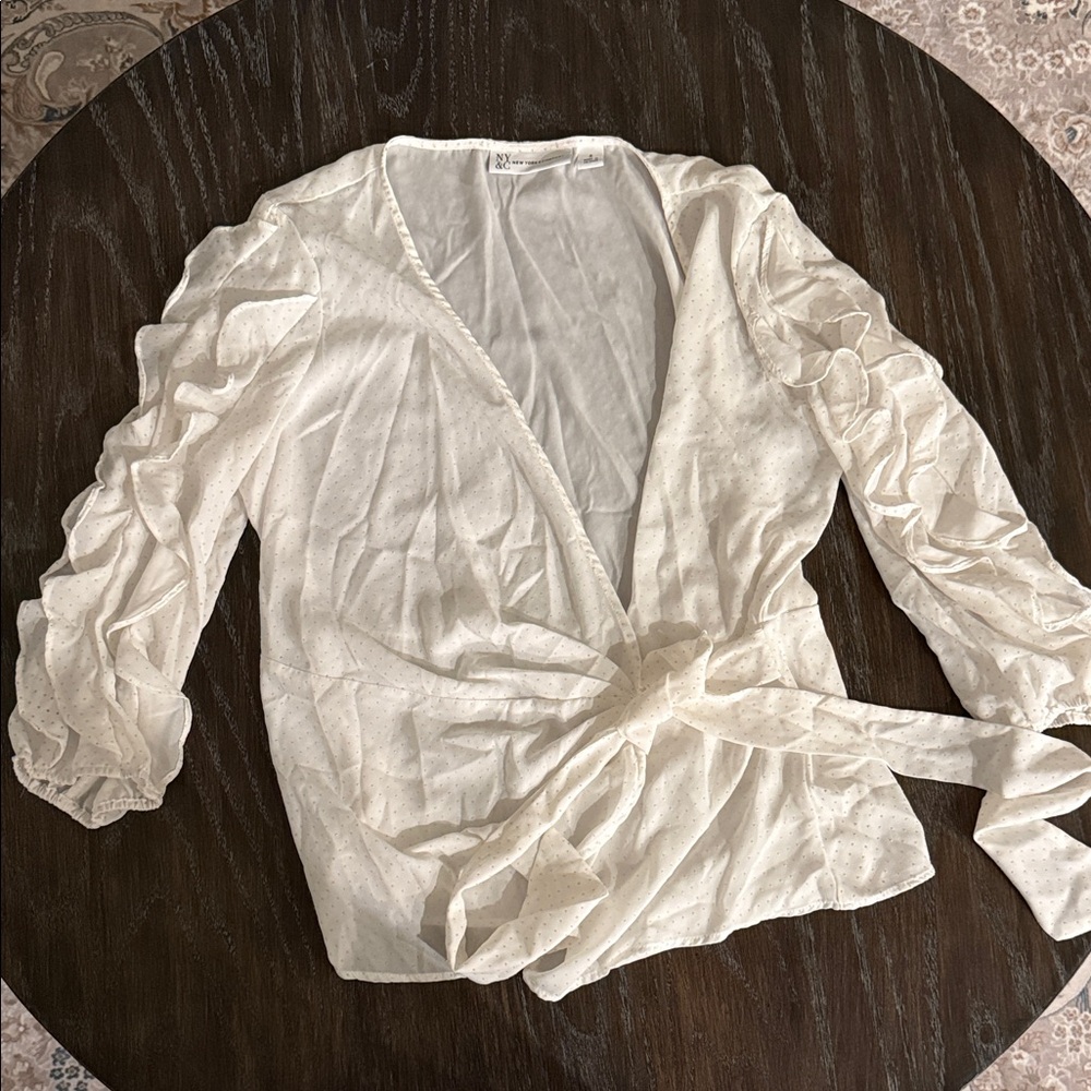 White & Gold Polka Dots Wrap Blouse with Tie